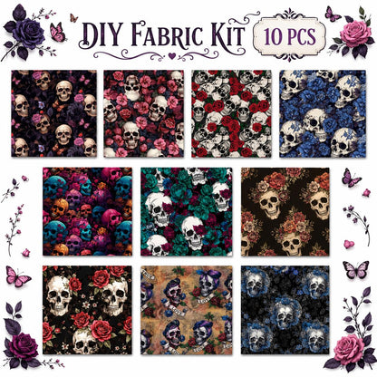 10pcs Charm Pack Set Skull Black Halloween Vintage Style Pattern Handmade DIY with Rich Color and Texture Elements 100% Polyester Patchwork in 10 Design Styles Suitable for Patchwork DIY Craft Projects DIY Wallet Making Gift Giving Bag Making Mother's Day