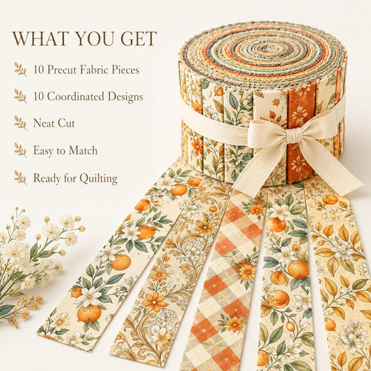 10pcs Vintage Orange Pattern Jelly Roll Fabric Strips 2.5X19.7inch Pre-Cut 100% Polyester For Patchwork Quilts, Table Runners, Placemats, Tote Bags, Storage Pouches, Makeup Bags, Coasters, Quilt Blocks & Binding