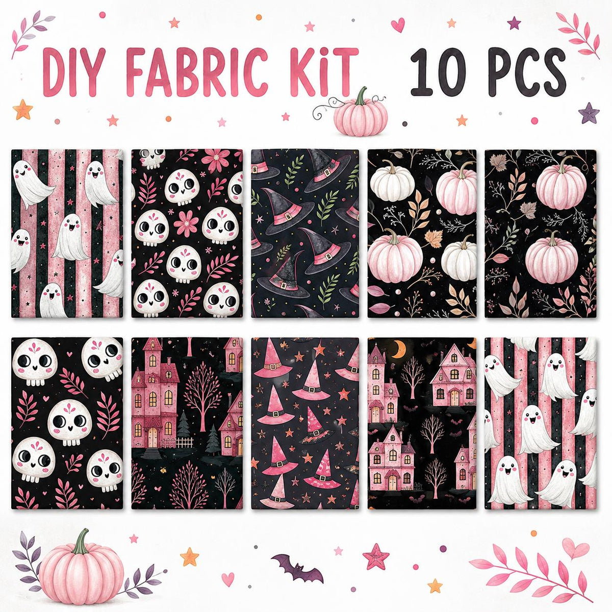 10Pc/Set Halloween Series Stripe Pumpkin Skull Moon Fat Quarter Fabric, Pre-Cut Square Fabric Assort, Fabric Set, Craft Fabric, Handmade DIY Patchwork Fabric,Home Quilting Sewing Fabric, Packaging Fabric, Scrapbooking Craft Hobbyist