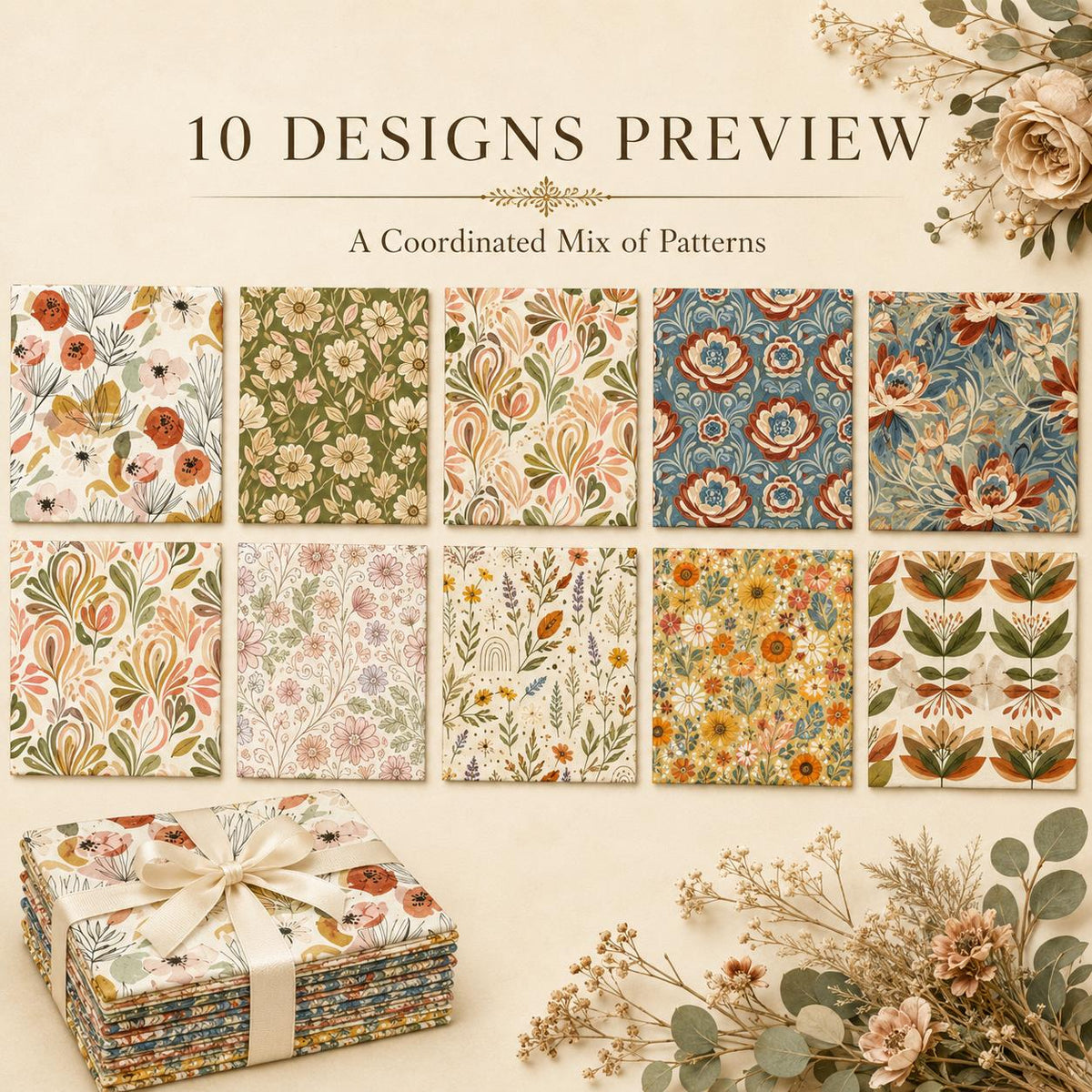 10pcs Charm Pack Set Floral Pattern Vintage Style Handmade DIY with Rich Color and Texture Elements 100% Polyester Patchwork in 10 Design Styles Suitable for Patchwork DIY Craft Projects DIY Wallet Making Gift Giving Bag Making Mother's Day Gift