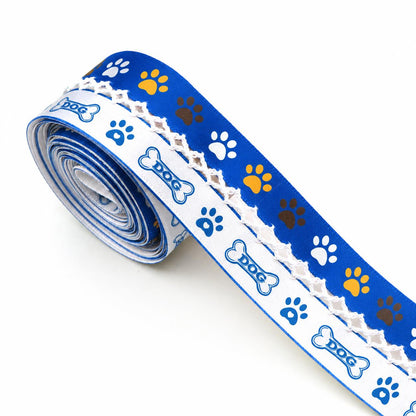 5 Yards Blue White Series Ribbon Adorned with Dog Paw Bones Pattern, Width 32mm/1.26-Inch, Two Ribbon Equipped with White Center Hook Edge, Ideal for Showcasing Jewelry And Wrapping Gifts, Creating Bows, Holiday Decorations