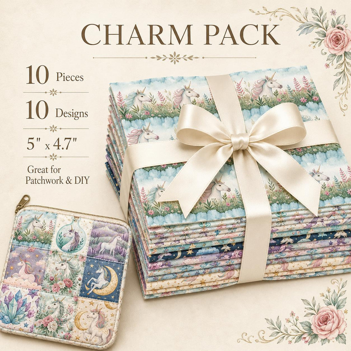 10Pc/Set Unicorn Series Flower Moon Lavender Fat Quarter Fabric, Pre-Cut Square Fabric Assort, Fabric Set, Craft Fabric, Handmade DIY Patchwork Fabric,Home Quilting Sewing Fabric, Packaging Fabric, Scrapbooking Craft Hobbyist