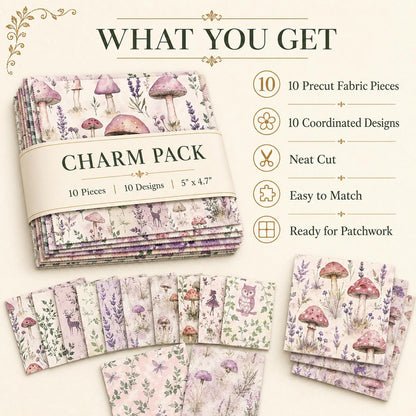 10pcs Charm Pack Set Mushroom Floral Deer Pattern Vintage Style Handmade DIY with Rich Color and Texture Elements 100% Polyester Patchwork in 10 Design Styles Suitable for Patchwork DIY Craft Projects DIY Wallet Making Gift Giving Bag Making Mother's Day
