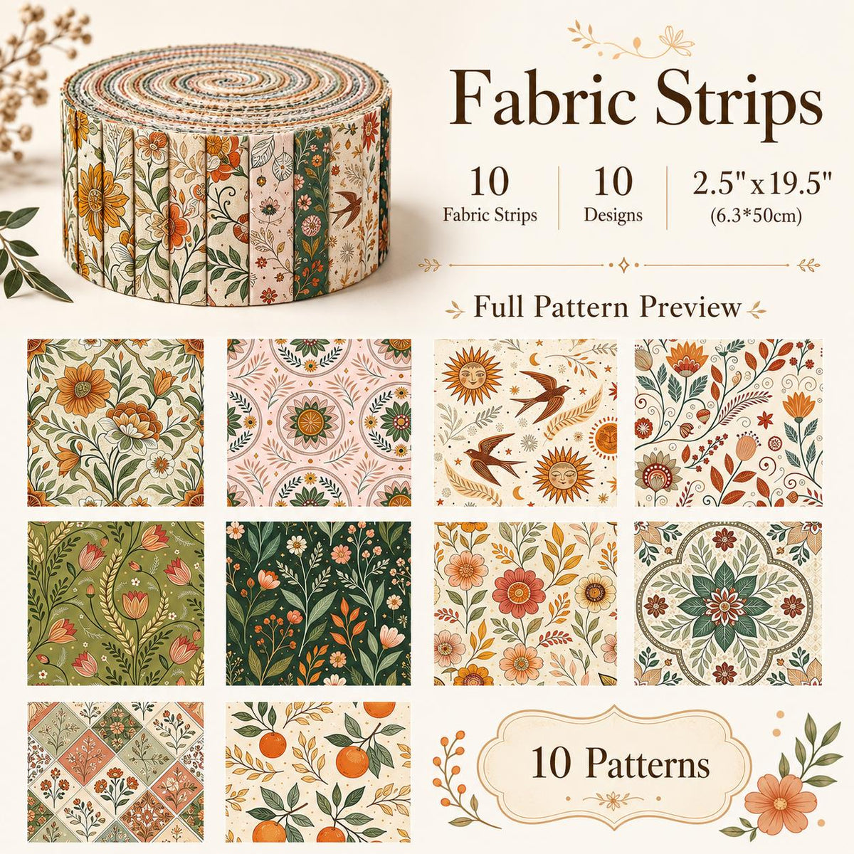 10pcs Vintage Floral Pattern Jelly Roll Fabric Strips 2.5X19.7inch Pre-Cut 100% Polyester For Patchwork Quilts, Table Runners, Placemats, Tote Bags, Storage Pouches, Makeup Bags, Coasters, Quilt Blocks & Binding