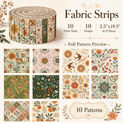 10pcs Vintage Floral Pattern Jelly Roll Fabric Strips 2.5X19.7inch Pre-Cut 100% Polyester For Patchwork Quilts, Table Runners, Placemats, Tote Bags, Storage Pouches, Makeup Bags, Coasters, Quilt Blocks & Binding
