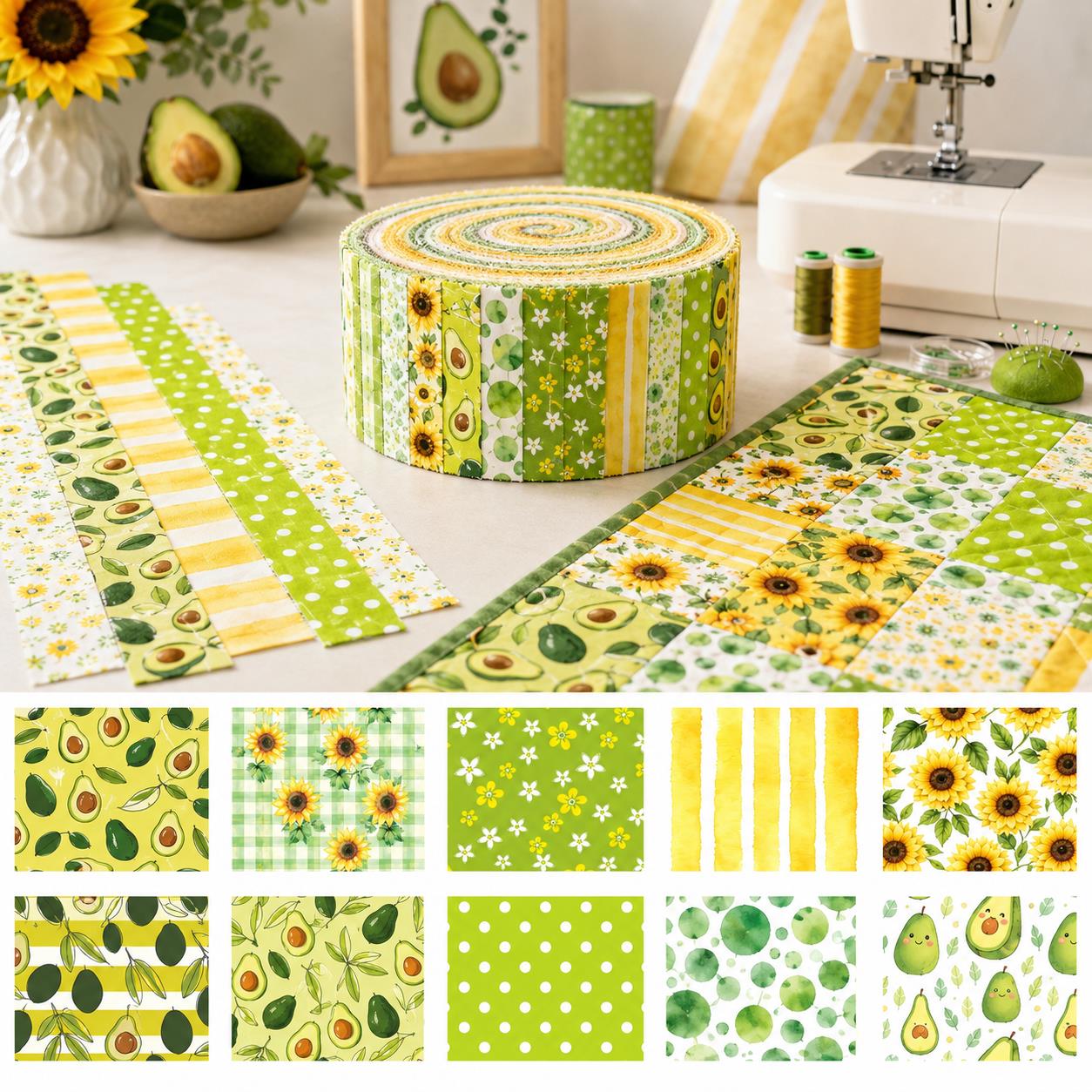 10pcs Vintage Avocado Floral Jelly Roll Fabric Strips 2.5X19.7inch Pre-Cut 100% Polyester For Patchwork Quilts, Table Runners, Placemats, Tote Bags, Storage Pouches, Makeup Bags, Coasters, Quilt Blocks & Binding Birthday Gift For Mom