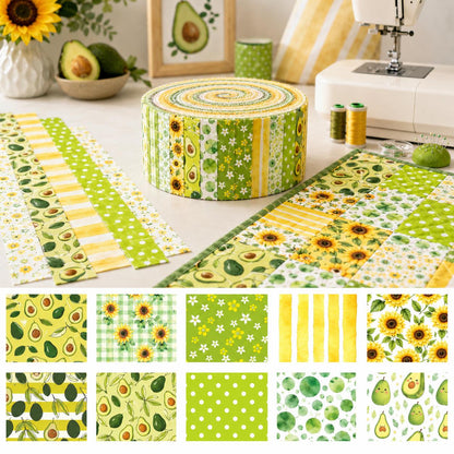 10pcs Vintage Avocado Floral Jelly Roll Fabric Strips 2.5X19.7inch Pre-Cut 100% Polyester For Patchwork Quilts, Table Runners, Placemats, Tote Bags, Storage Pouches, Makeup Bags, Coasters, Quilt Blocks & Binding Birthday Gift For Mom