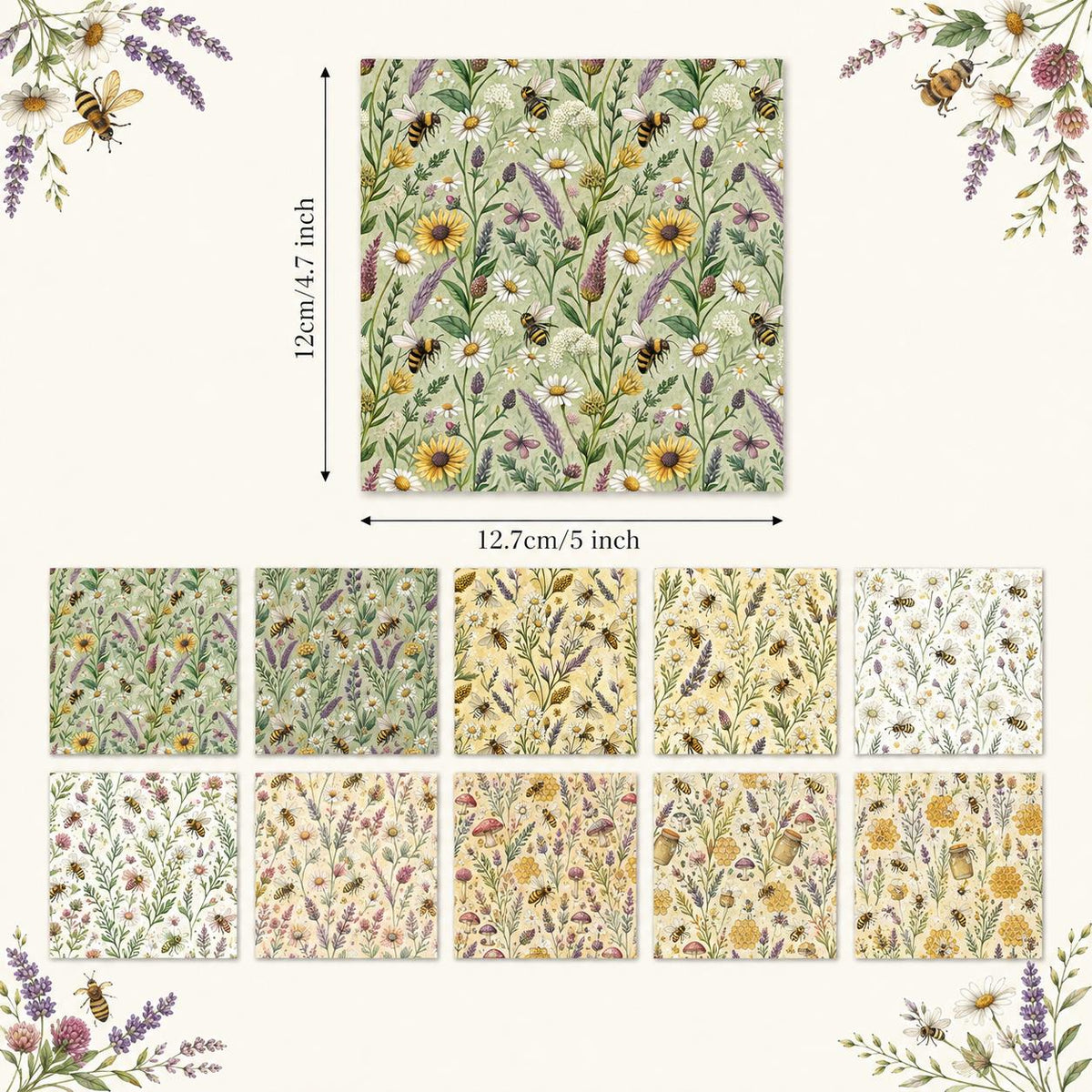10Pc/Set Flower Daisy Series Bee Mushroom Lavender Fat Quarter Fabric, Pre-Cut Square Fabric Assort, Fabric Set, Craft Fabric, Handmade DIY Patchwork Fabric,Home Quilting Sewing Fabric, Packaging Fabric, Scrapbooking Craft Hobbyist