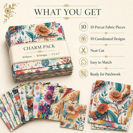 10pcs Charm Pack Set PaInt Splatter Floral Pattern 100% Polyester Patchwork in 10 Design Styles, Ready-To-Sew Without Cutting, Suitable For Patchwork Wallet Making Gift Giving Tote Bags Coasters DIY Craft Projects