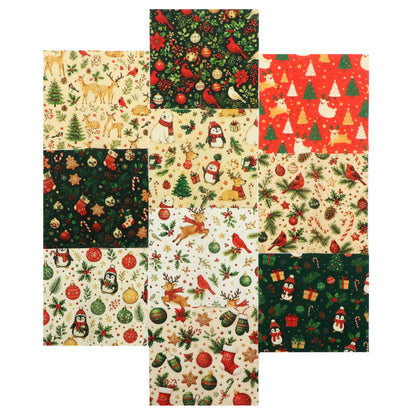 10Pc/Set Christmas Series Flower Bell Star Tree Penguin Bear Holly Crutch Pinecones Northern Cardinal Fat Quarter Fabric, Pre-Cut Square Fabric Assort, Fabric Set, Craft Fabric, Handmade DIY Patchwork Fabric,Home Quilting Sewing Fabric, Packaging Fabric,