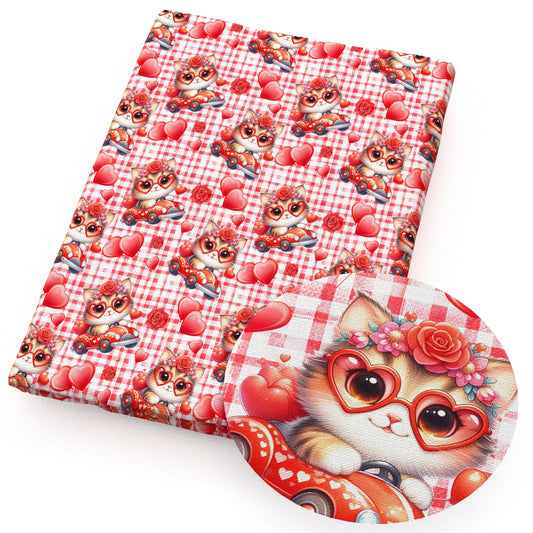 valentine's day heart love cat plaid fabric