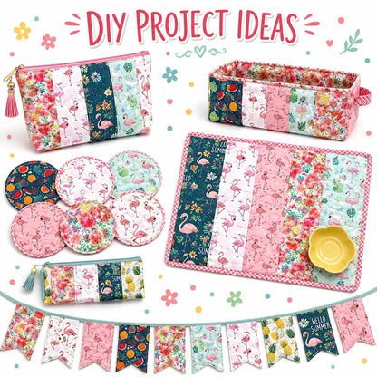 10Pc/Set, Making 10 Images 1pc Each, Each Size: 6.3*50cm Summer Watermelon Flamingo Series Sliced Fabric Set Style Combination, Polyester Jelly Roll Fabric Strips, Pre-Cut Quilting Squares, For Quilting DIY, Handicrafts And Sewing, Blankets, Rugs