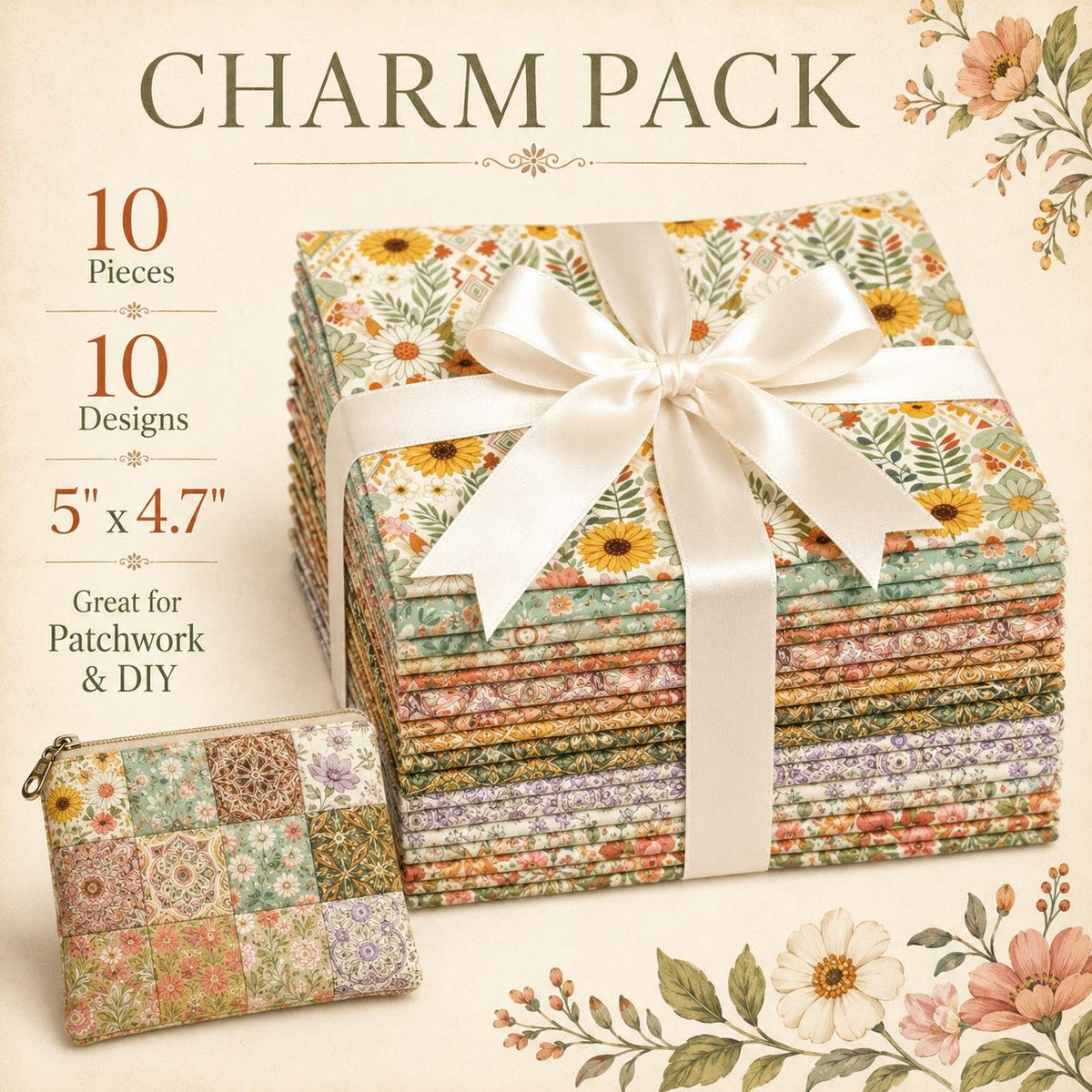 10pcs Charm Pack Set Floral Pattern Vintage Style Handmade DIY with Rich Color and Texture Elements 100% Polyester Patchwork in 10 Design Styles Suitable for Patchwork DIY Craft Projects DIY Wallet Making Gift Giving Bag Making Mother's Day Gift
