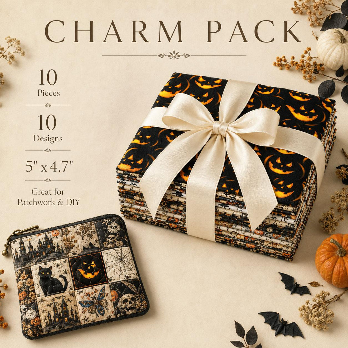 10Pc/Set Halloween Skull Cat Bat Spider Web Witch Pumpkin Series Fat Quarter Fabric, Pre-Cut Square Fabric Assort, Fabric Set, Craft Fabric, Handmade DIY Patchwork Fabric,Home Quilting Sewing Fabric, Packaging Fabric, Scrapbooking Craft Hobbyist