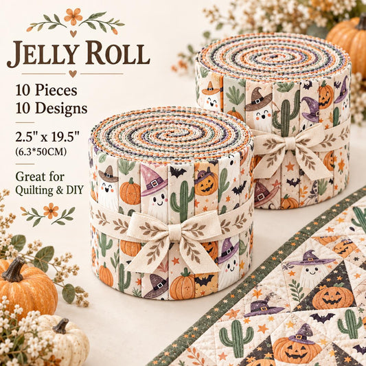 10pcs Vintage Halloween Pumpkin Ghost Pattern Jelly Roll Fabric Strips 2.5X19.7inch Pre-Cut 100% Polyester For Patchwork Quilts, Table Runners, Placemats, Tote Bags, Storage Pouches, Makeup Bags, Coasters, Quilt Blocks & Binding