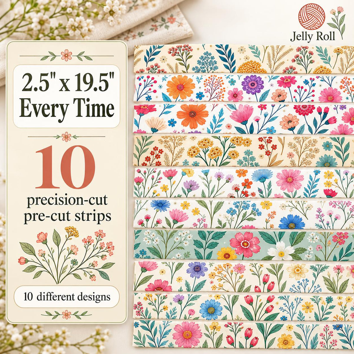 10pcs Vintage Floral Pattern Jelly Roll Fabric Strips 2.5X19.7inch Pre-Cut 100% Polyester For Patchwork Quilts, Table Runners, Placemats, Tote Bags, Storage Pouches, Makeup Bags, Coasters, Quilt Blocks & Binding