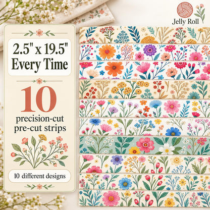 10pcs Vintage Floral Pattern Jelly Roll Fabric Strips 2.5X19.7inch Pre-Cut 100% Polyester For Patchwork Quilts, Table Runners, Placemats, Tote Bags, Storage Pouches, Makeup Bags, Coasters, Quilt Blocks & Binding