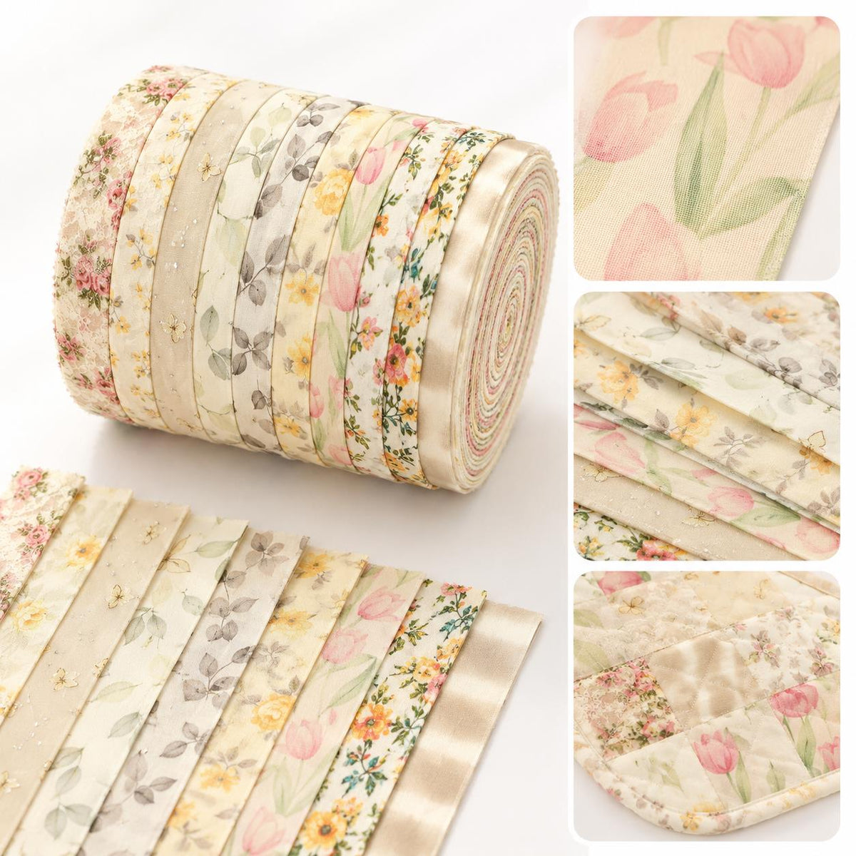 10Pc/Set, Making 10 Images 1pc Each, Each Size: 6.3*50cm Butterfly Floral Beige Series Sliced Fabric Set Style Combination, Polyester Jelly Roll Fabric Strips, Pre-Cut Quilting Squares, For Quilting DIY, Handicrafts And Sewing, Blankets, Rugs, Interior De