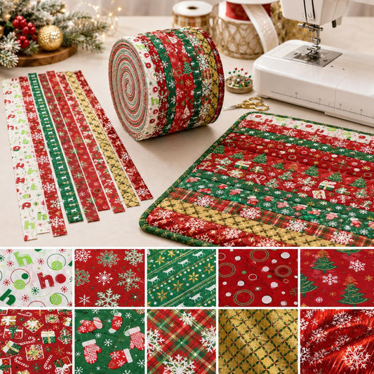 10pcs Vintage Snow Gift Christmas Theme Jelly Roll Fabric Strips 2.5X19.7inch Pre-Cut 100% Polyester For Patchwork Quilts, Table Runners, Placemats, Tote Bags, Storage Pouches, Makeup Bags, Coasters, Quilt Blocks & Binding