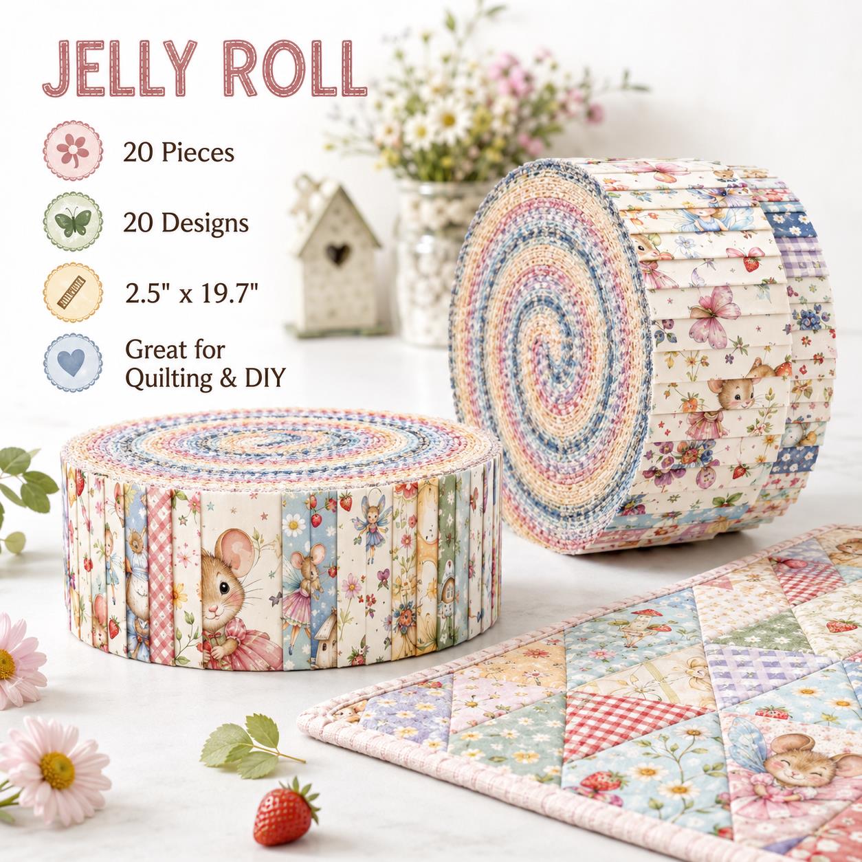 20pcs Vintage Mouse Fruit Jelly Roll Sliced Fabric Strips 2.5X19.7inch Pre-cut Fresh and Delicate Printed Multi-Color 100% Polyester for DIY Handmade Patchwork, Table Runners, Placemats, Tote Bags, Storage Pouches, Makeup Bags, Coasters, Quilt Blocks