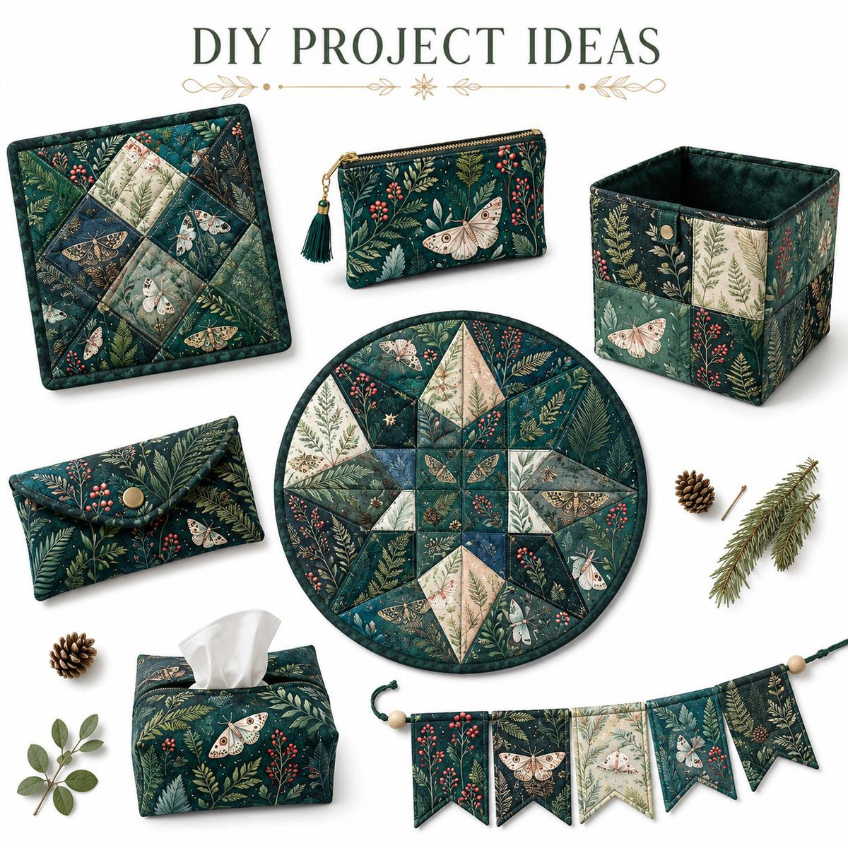 10pcs Charm Pack Set Green Holly Christmas Pattern Vintage Style Pattern Handmade DIY with Rich Color and Texture Elements 100% Polyester Patchwork in 10 Design Styles Suitable for Patchwork DIY Craft Projects DIY Wallet Making Gift Giving Bag Making Moth