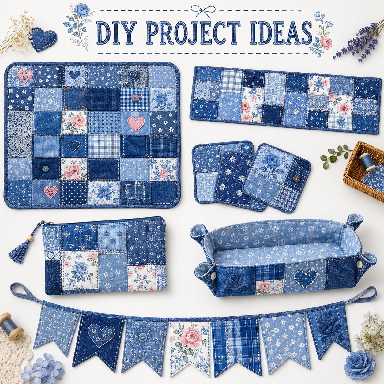 20pcs Vintage Denim Pattern Blue Series Jelly Roll Sliced Fabric Strips 2.5X19.7inch Pre-Cut Floral Bow Knot Printed Multi-Color 100% Polyester For DIY Handmade Patchwork, Table Runners, Placemats, Tote Bags, Storage Pouches, Makeup Bags, Coasters