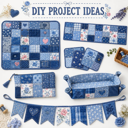 20pcs Vintage Denim Pattern Blue Series Jelly Roll Sliced Fabric Strips 2.5X19.7inch Pre-Cut Floral Bow Knot Printed Multi-Color 100% Polyester For DIY Handmade Patchwork, Table Runners, Placemats, Tote Bags, Storage Pouches, Makeup Bags, Coasters