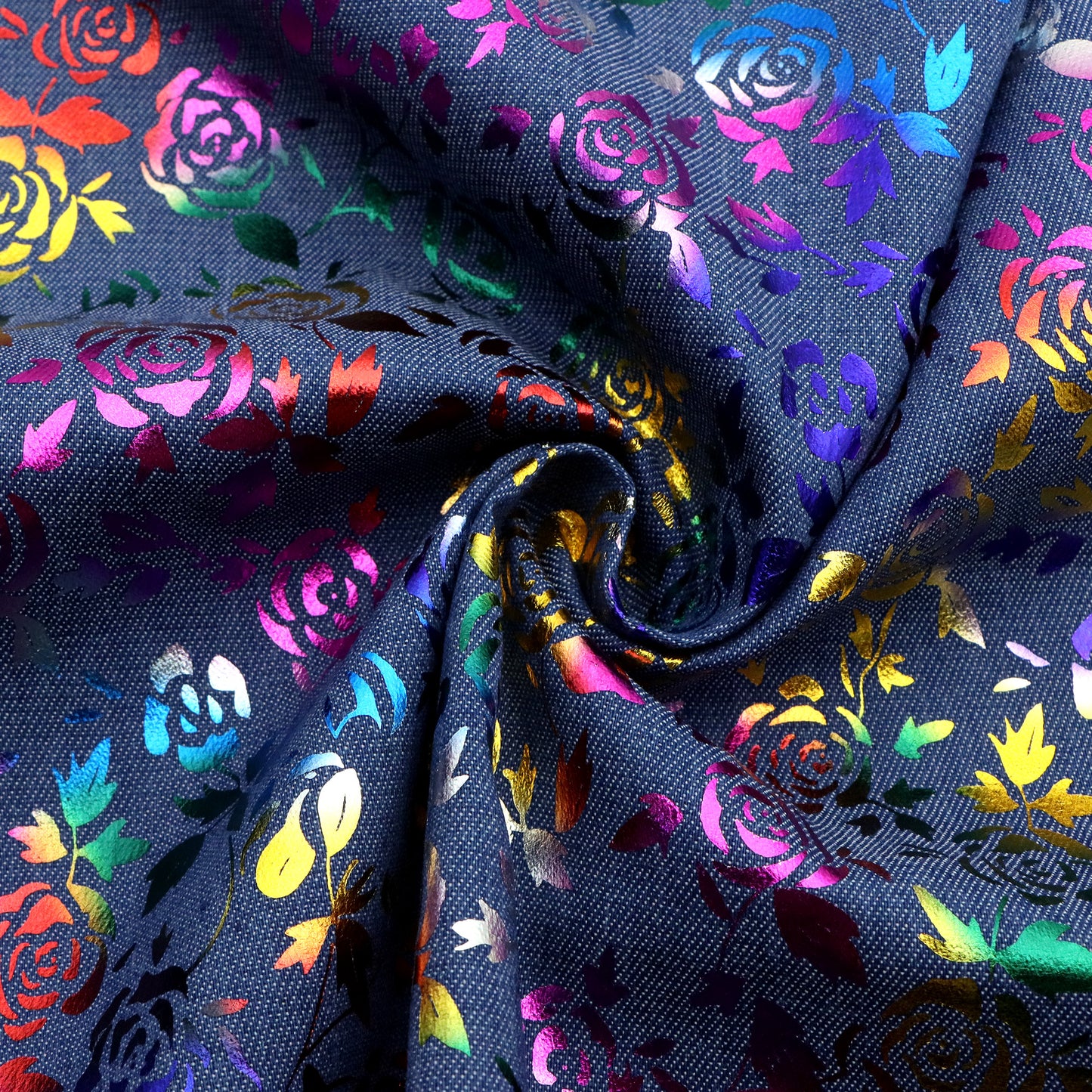 1pc Rainbow Foil Rose Flower Denim Fabric, 59x19.68inch Pre-Cut 100% Polyester, Vibrant Rose Design for DIY Crafts, Bags, Sewing Projects & Hats, Hand Wash Only, Sewing Supplies, Craft Fabric | Vintage Style Fabric | Durable Fabric, Denim Fabric