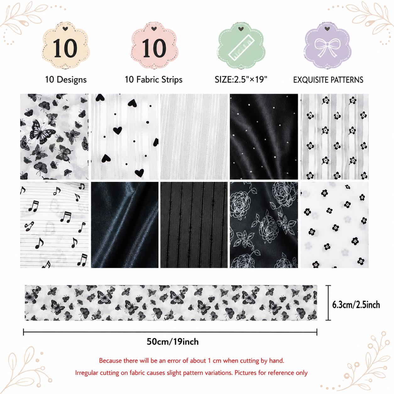10Pc/Set, Making 10 Images 1pc Each, Each Size: 6.3*50cm Butterfly Floral Heart Black and White Series Sliced Fabric Set Style Combination, Polyester Jelly Roll Fabric Strips, Pre-Cut Quilting Squares, For Quilting DIY, Handicrafts And Sewing, Blankets