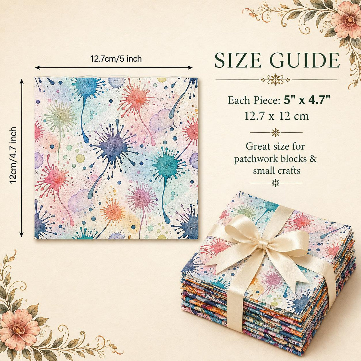 10pcs Charm Pack Set PaInt Splatter Floral Pattern 100% Polyester Patchwork in 10 Design Styles, Ready-To-Sew Without Cutting, Suitable For Patchwork Wallet Making Gift Giving Tote Bags Coasters DIY Craft Projects