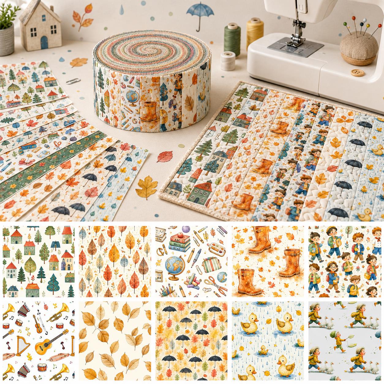 Autumn Duck Tree Leaf Jelly Roll Quilt Fabric - 10pcs 2.5x19 Inch Polyester Strips For Sewing, Patchwork & Crafting - Precut Fabric Set For DIY Quilting, Table Runners, Storage Pouches, Makeup Bags & Home Decor, Mother'S Day Gift, Birthday Gift For Mom