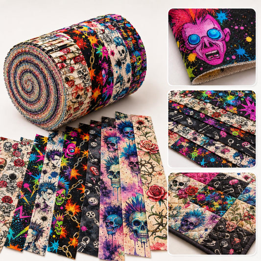 10pcs Vintage Skull Halloween Pattern Jelly Roll Fabric Strips 2.5X19.7inch Pre-Cut 100% Polyester For Patchwork Quilts, Table Runners, Placemats, Tote Bags, Storage Pouches, Makeup Bags, Coasters, Quilt Blocks & Binding