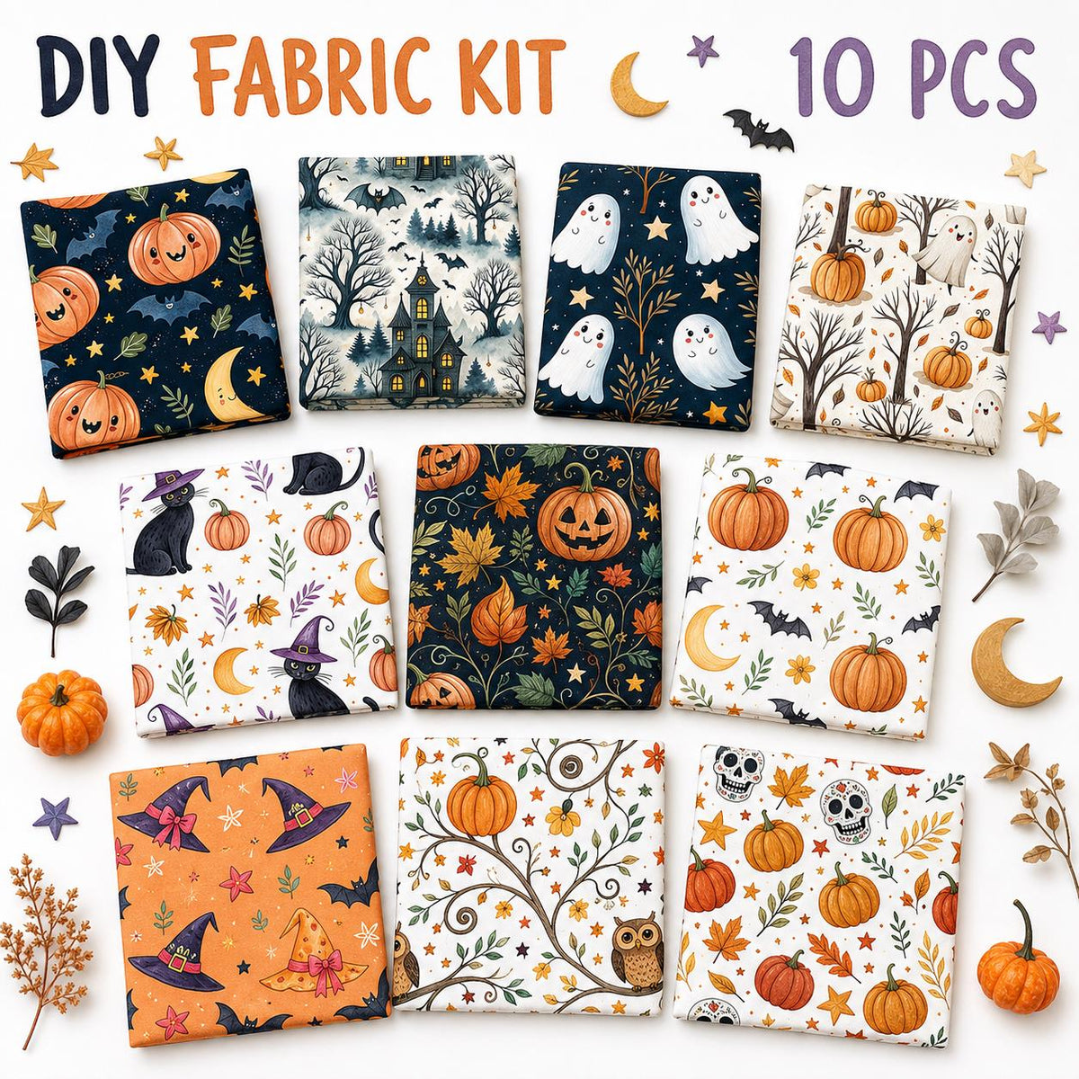 10Pc/Set Halloween Series Owl Skull Pumpkin Cat Moon Fat Quarter Fabric, Pre-Cut Square Fabric Assort, Fabric Set, Craft Fabric, Handmade DIY Patchwork Fabric,Home Quilting Sewing Fabric, Packaging Fabric, Scrapbooking Craft Hobbyist