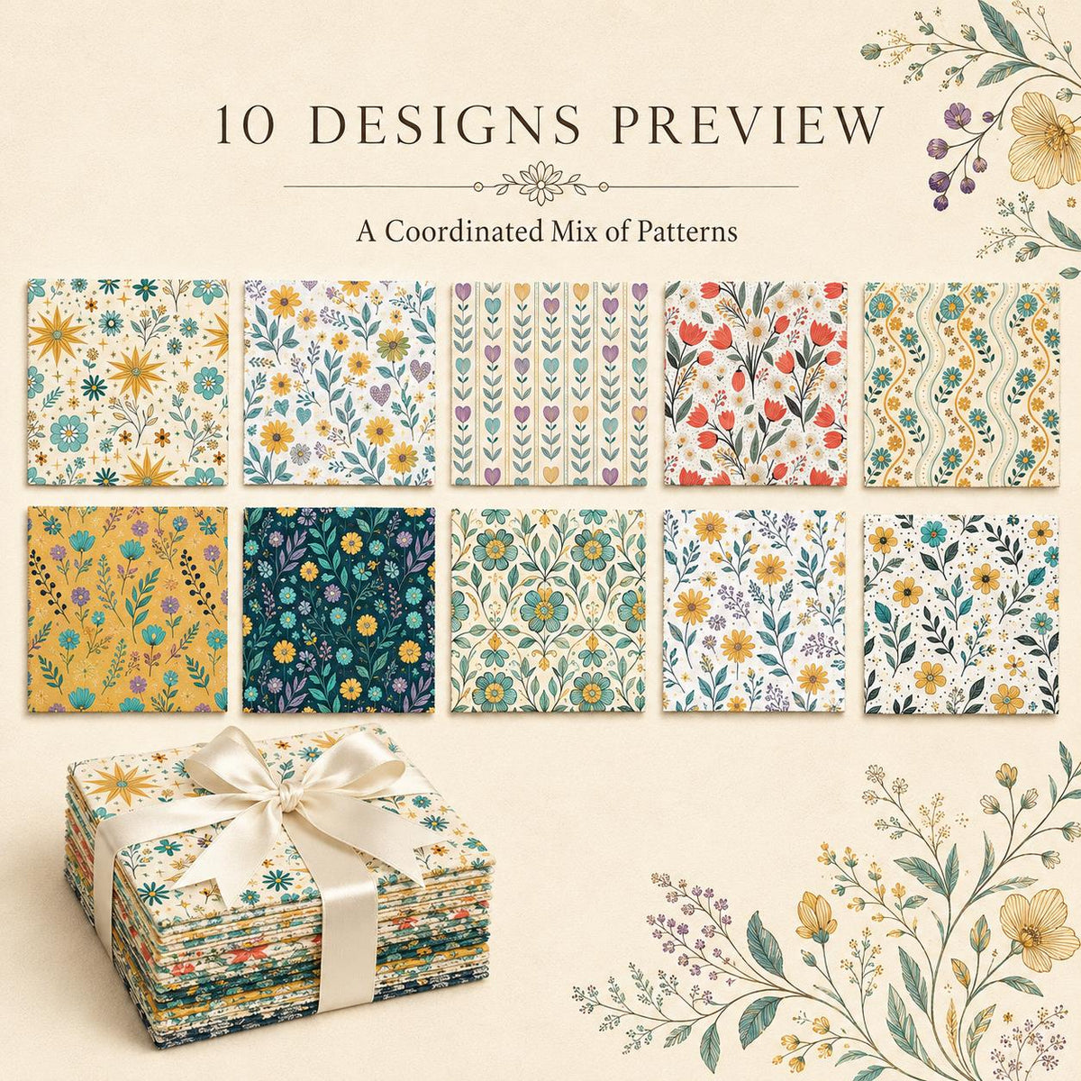 10pcs Charm Pack Set Floral Bird Vintage Style Pattern Handmade DIY with Rich Color and Texture Elements 100% Polyester Patchwork in 10 Design Styles Suitable for Patchwork DIY Craft Projects DIY Wallet Making Gift Giving Bag Making Mother's Day Gift