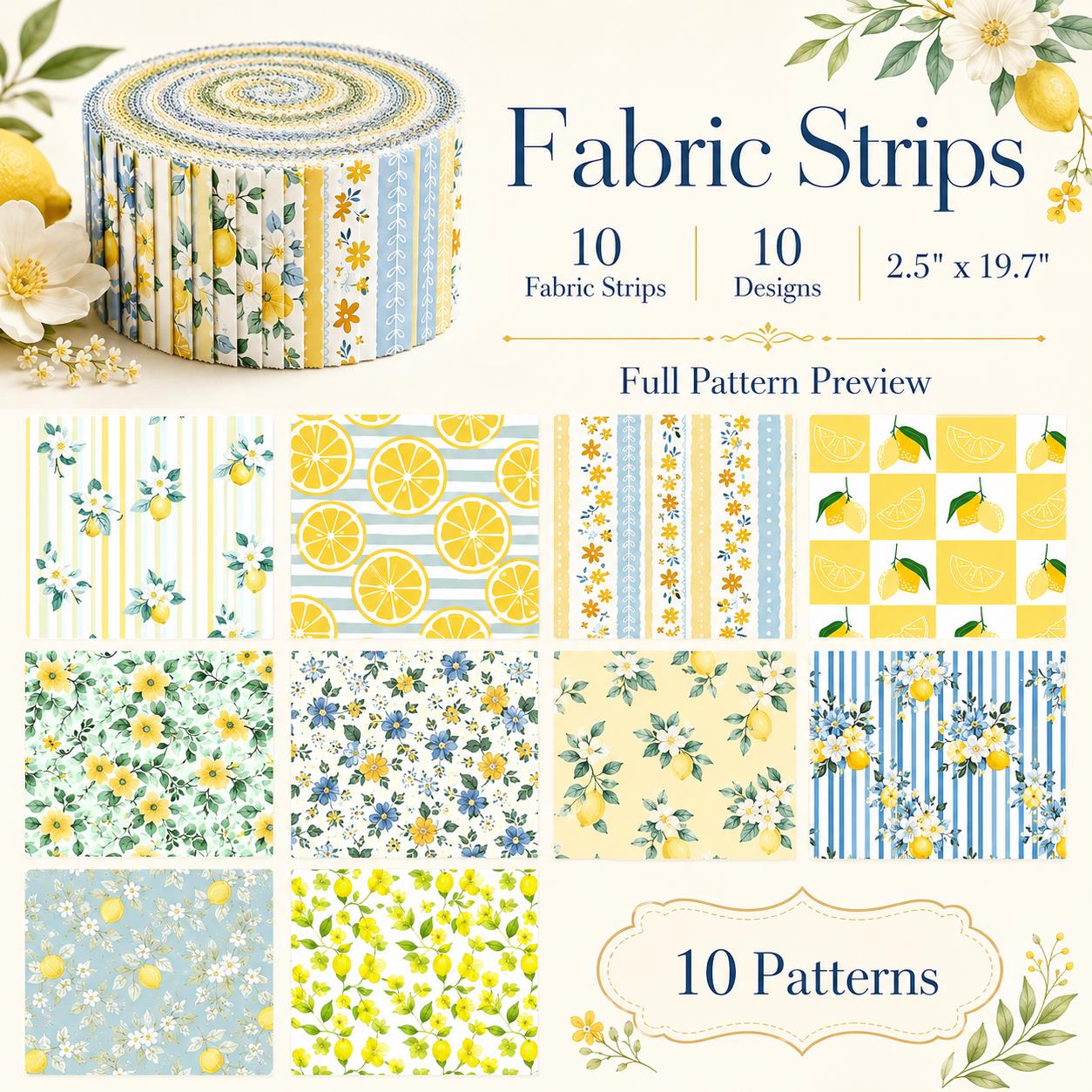 10Pc/Set, Making 10 Images 1pc Each, Each Size: 6.3*50cm Floral Plaid Lemon Series Sliced Fabric Set Style Combination, Polyester Jelly Roll Fabric Strips, Pre-Cut Quilting Squares, For Quilting DIY, Handicrafts And Sewing, Blankets, Rugs