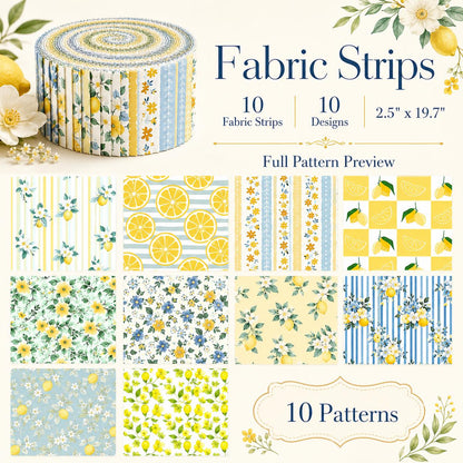 10Pc/Set, Making 10 Images 1pc Each, Each Size: 6.3*50cm Floral Plaid Lemon Series Sliced Fabric Set Style Combination, Polyester Jelly Roll Fabric Strips, Pre-Cut Quilting Squares, For Quilting DIY, Handicrafts And Sewing, Blankets, Rugs