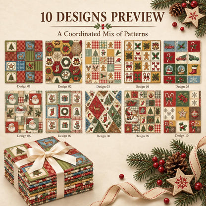10Pc/Set Christmas Series Bowknot Flower Bell Star Plaid Deer Tree Mouse Holly House Pinecones Northern Cardinal Fat Quarter Fabric, Pre-Cut Square Fabric Assort, Fabric Set, Craft Fabric, Handmade DIY Patchwork Fabric,Home Quilting Sewing Fabric, Packagi