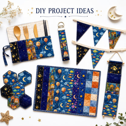 10pcs Vintage Moon Cat Fish Night Pattern Jelly Roll Fabric Strips 2.5X19.7inch Pre-cut 100% Polyester for Patchwork Quilts, Table Runners, Placemats, Tote Bags, Storage Pouches, Makeup Bags, Coasters, Quilt Blocks & Binding Halloween Gift
