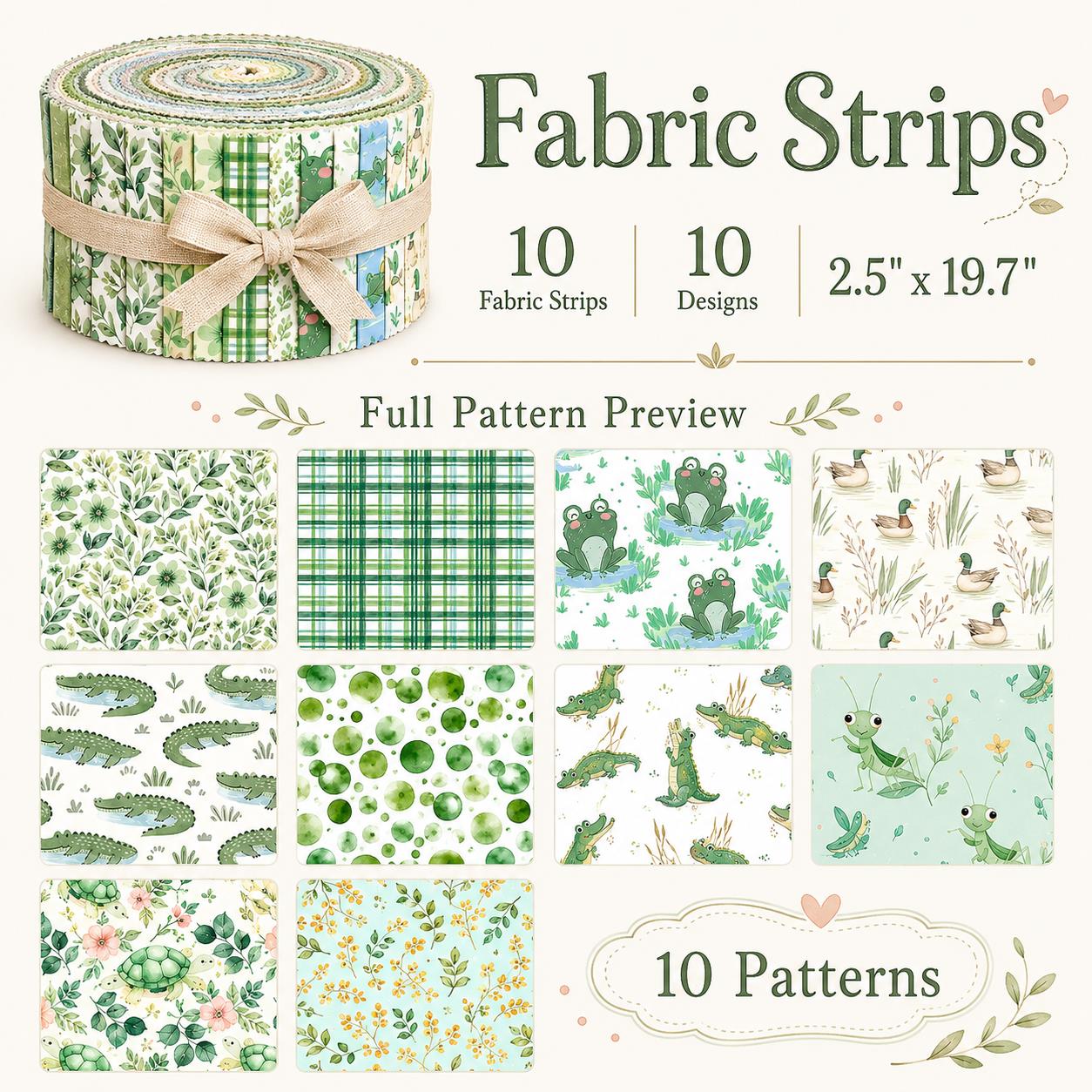 10Pc/Set, Making 10 Images 1pc Each, Each Size: 6.3*50cm Animal Frog Green Series Sliced Fabric Set Style Combination, Polyester Jelly Roll Fabric Strips, Pre-Cut Quilting Squares, For Quilting DIY, Handicrafts And Sewing, Blankets, Rugs