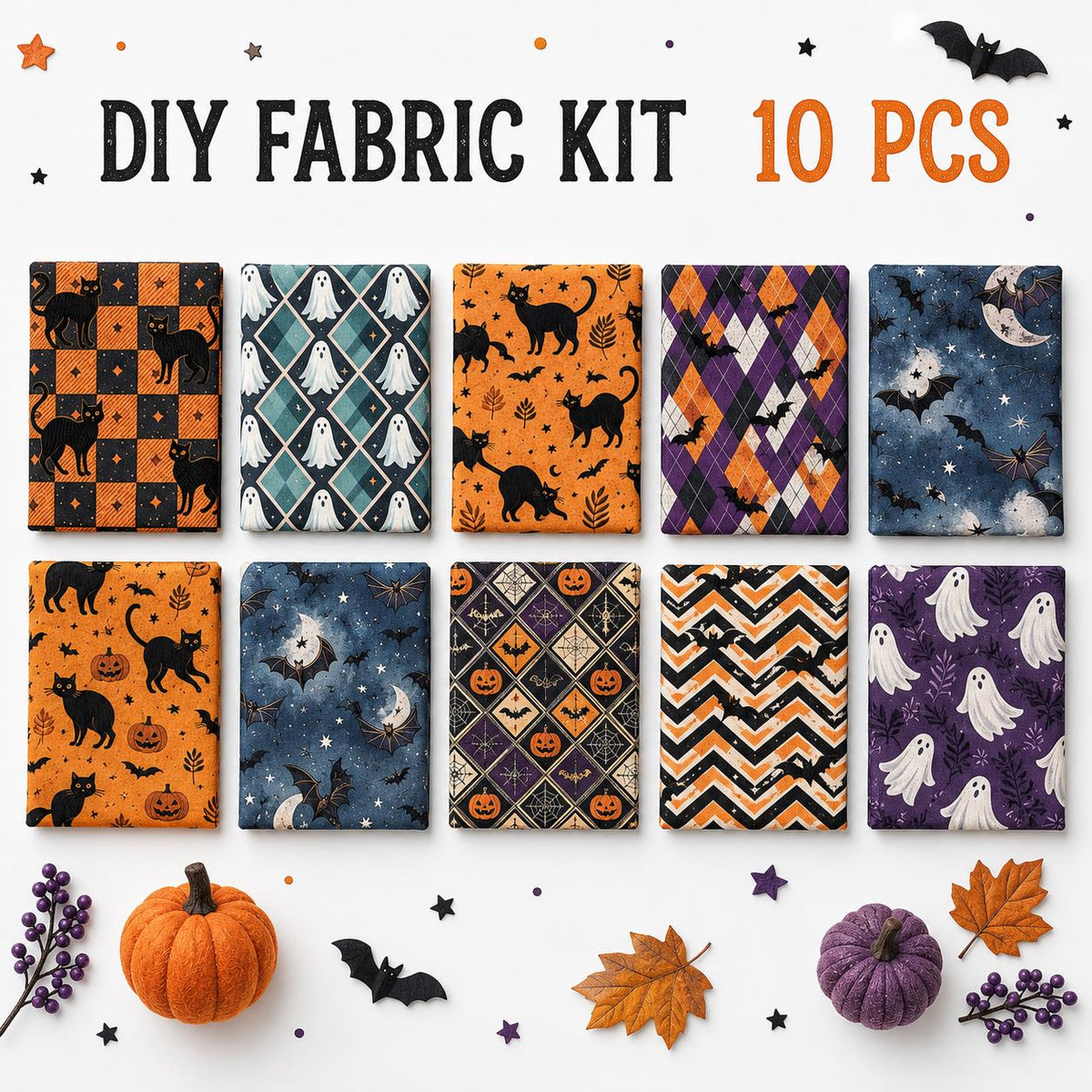 10Pc/Set Halloween Series Plaid Star Skull Bat Cat Fat Quarter Fabric, Pre-Cut Square Fabric Assort, Fabric Set, Craft Fabric, Handmade DIY Patchwork Fabric,Home Quilting Sewing Fabric, Packaging Fabric, Scrapbooking Craft Hobbyist