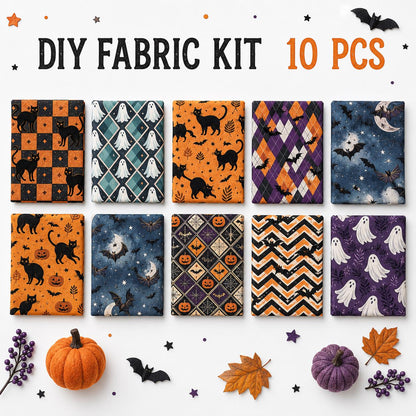 10Pc/Set Halloween Series Plaid Star Skull Bat Cat Fat Quarter Fabric, Pre-Cut Square Fabric Assort, Fabric Set, Craft Fabric, Handmade DIY Patchwork Fabric,Home Quilting Sewing Fabric, Packaging Fabric, Scrapbooking Craft Hobbyist