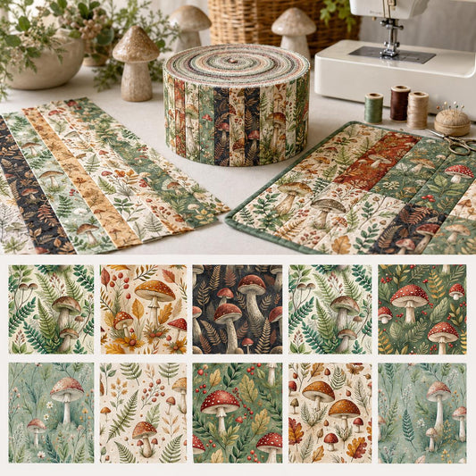 10pcs Vintage Mushroom Theme Jelly Roll Fabric Strips 2.5X19.7inch Pre-Cut 100% Polyester For Patchwork Quilts, Table Runners, Placemats, Tote Bags, Storage Pouches, Makeup Bags, Coasters, Quilt Blocks & Binding