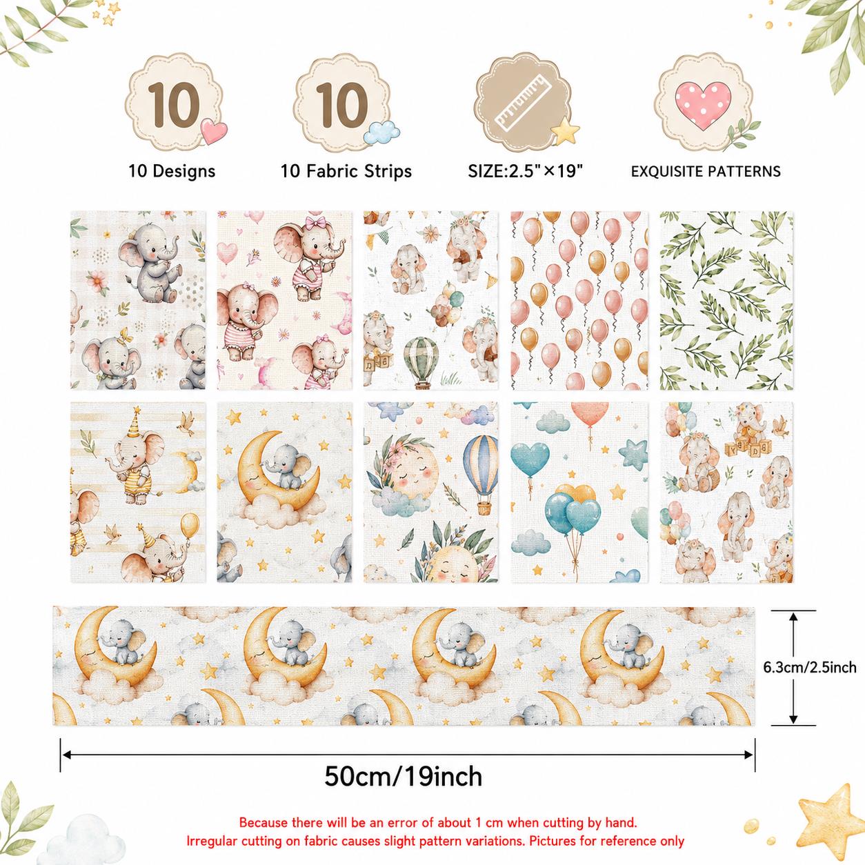 10pcs Vintage Elephant Pattern Jelly Roll Fabric Strips 2.5X19.7inch Pre-cut 100% Polyester for Patchwork Quilts, Table Runners, Placemats, Tote Bags, Storage Pouches, Makeup Bags, Coasters, Quilt Blocks & Binding