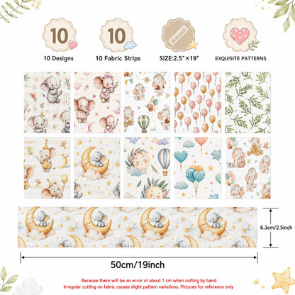 10pcs Vintage Elephant Pattern Jelly Roll Fabric Strips 2.5X19.7inch Pre-cut 100% Polyester for Patchwork Quilts, Table Runners, Placemats, Tote Bags, Storage Pouches, Makeup Bags, Coasters, Quilt Blocks & Binding