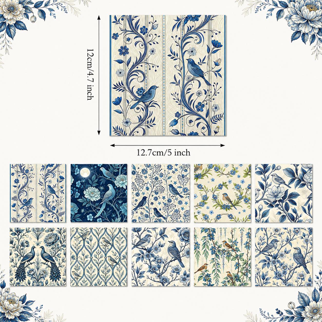 10Pc/Set Blue Flower Bird Series Fat Quarter Fabric, Pre-Cut Square Fabric Assort, Fabric Set, Craft Fabric, Handmade DIY Patchwork Fabric,Home Quilting Sewing Fabric, Packaging Fabric, Scrapbooking Craft Hobbyist