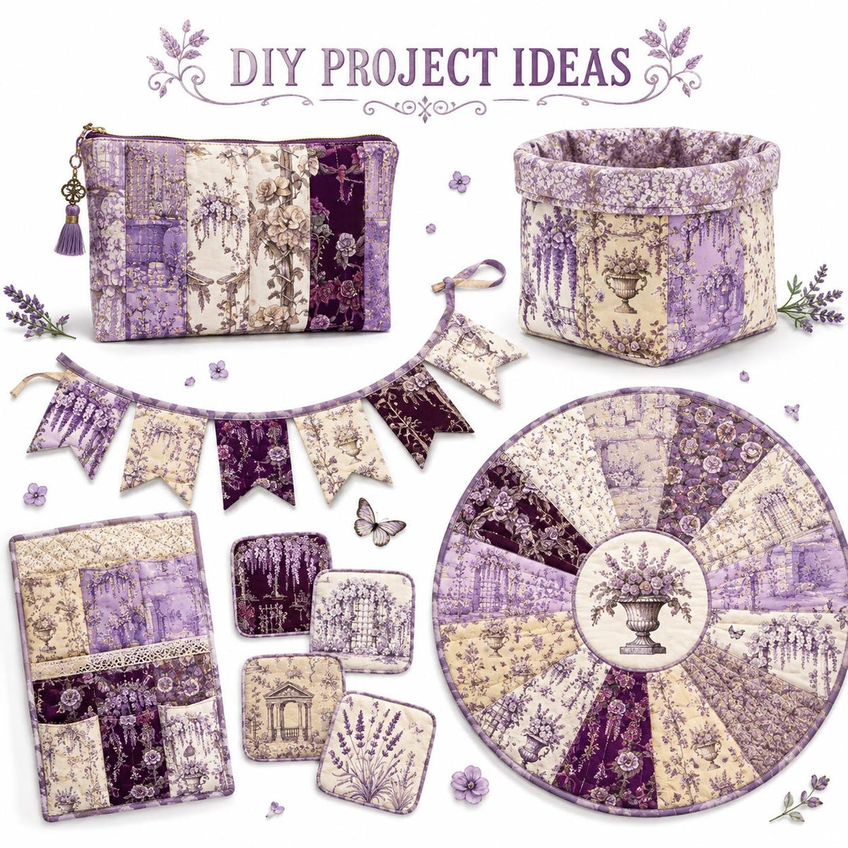 10pcs Vintage Lavender Floral Pattern Jelly Roll Fabric Strips 2.5X19.7inch Pre-Cut 100% Polyester For Patchwork Quilts, Table Runners, Placemats, Tote Bags, Storage Pouches, Makeup Bags, Coasters, Quilt Blocks & Binding