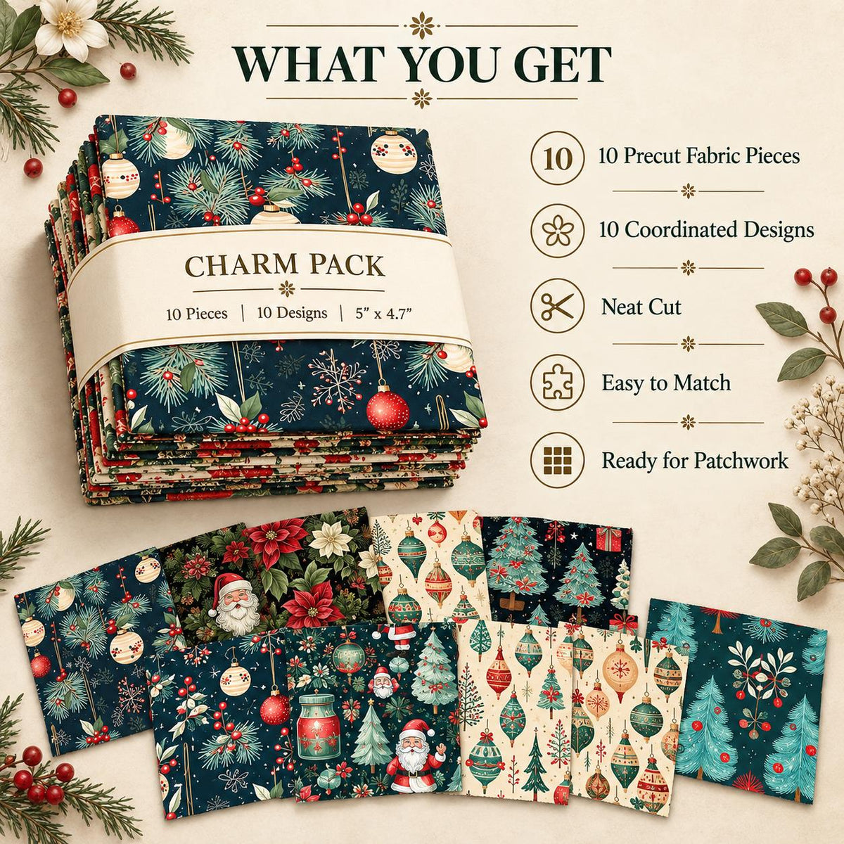 10Pc/Set Christmas Series Flower Tree Bell Star Holly Santa Claus Fat Quarter Fabric, Pre-Cut Square Fabric Assort, Fabric Set, Craft Fabric, Handmade DIY Patchwork Fabric,Home Quilting Sewing Fabric, Packaging Fabric, Scrapbooking Craft Hobbyist