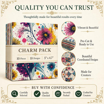 10pcs Charm Pack Set PaInt Splatter Floral Pattern 100% Polyester Patchwork in 10 Design Styles, Ready-To-Sew Without Cutting, Suitable For Patchwork Wallet Making Gift Giving Tote Bags Coasters DIY Craft Projects