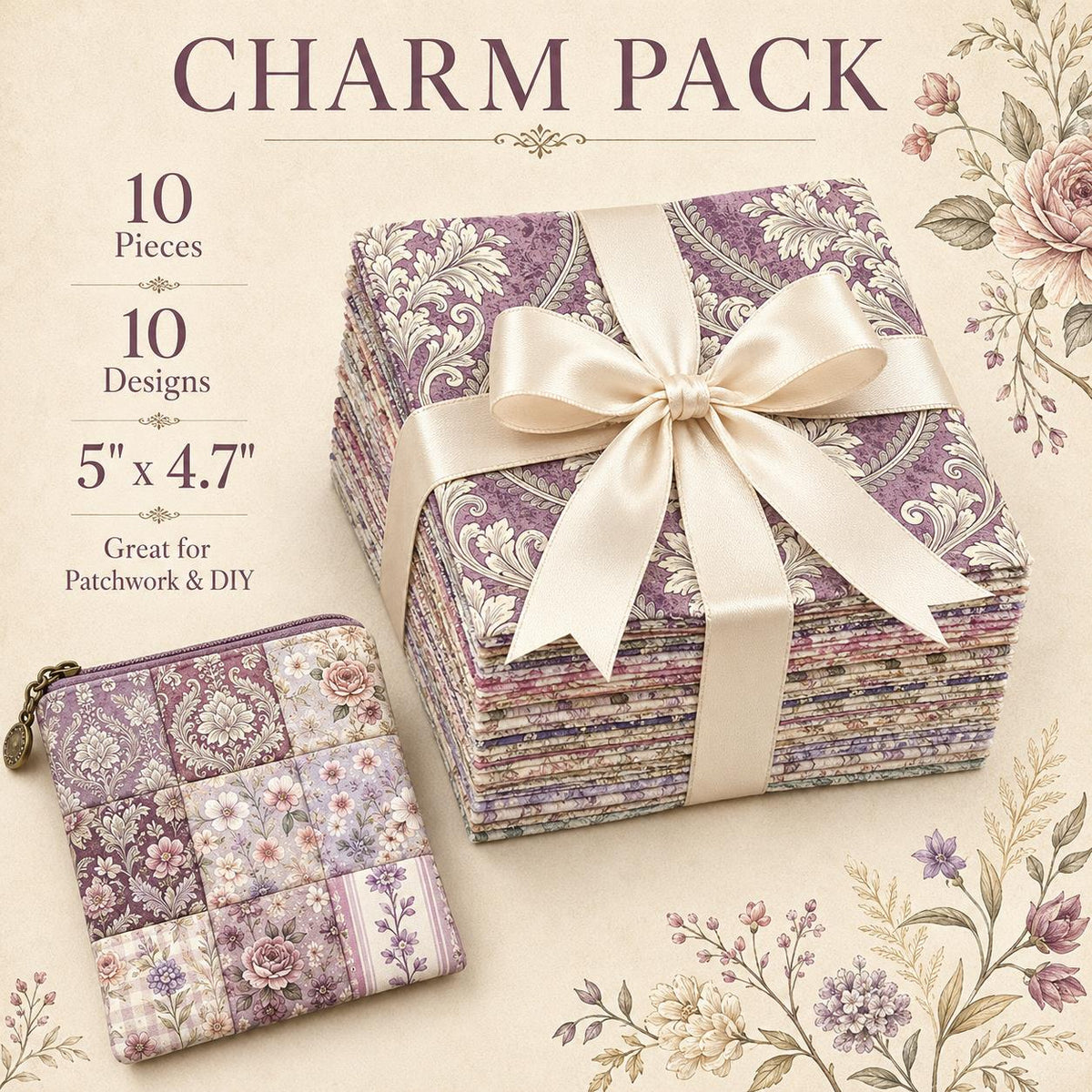 10Pc/Set Flower Purple Series Stripe Plaid Fat Quarter Fabric, Pre-Cut Square Fabric Assort, Fabric Set, Craft Fabric, Handmade DIY Patchwork Fabric,Home Quilting Sewing Fabric, Packaging Fabric, Scrapbooking Craft Hobbyist