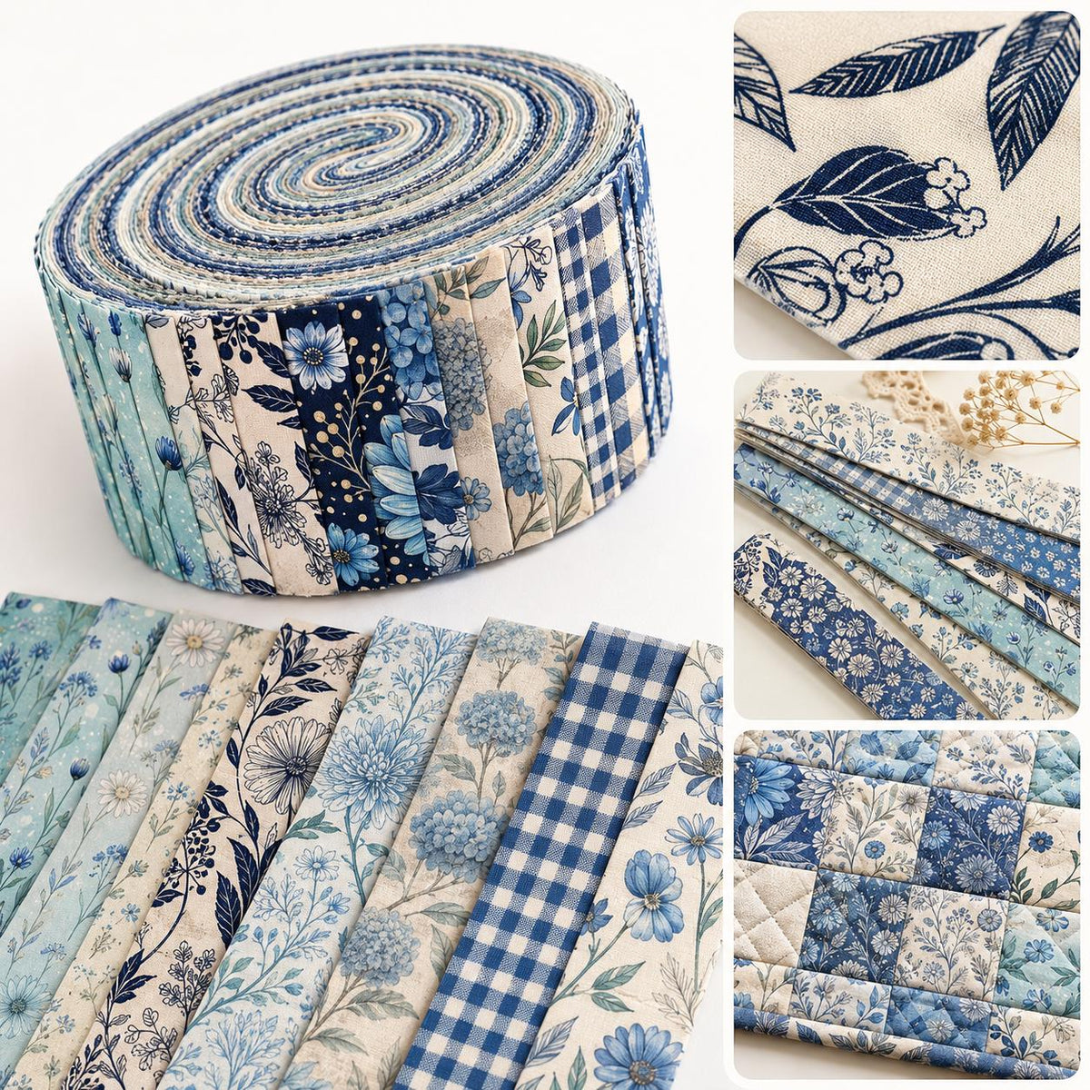 10pcs Vintage Blue Hydrangea Floral Pattern Jelly Roll Fabric Strips 2.5X19.7inch Pre-Cut 100% Polyester For Patchwork Quilts, Table Runners, Placemats, Tote Bags, Storage Pouches, Makeup Bags, Coasters, Quilt Blocks & Binding